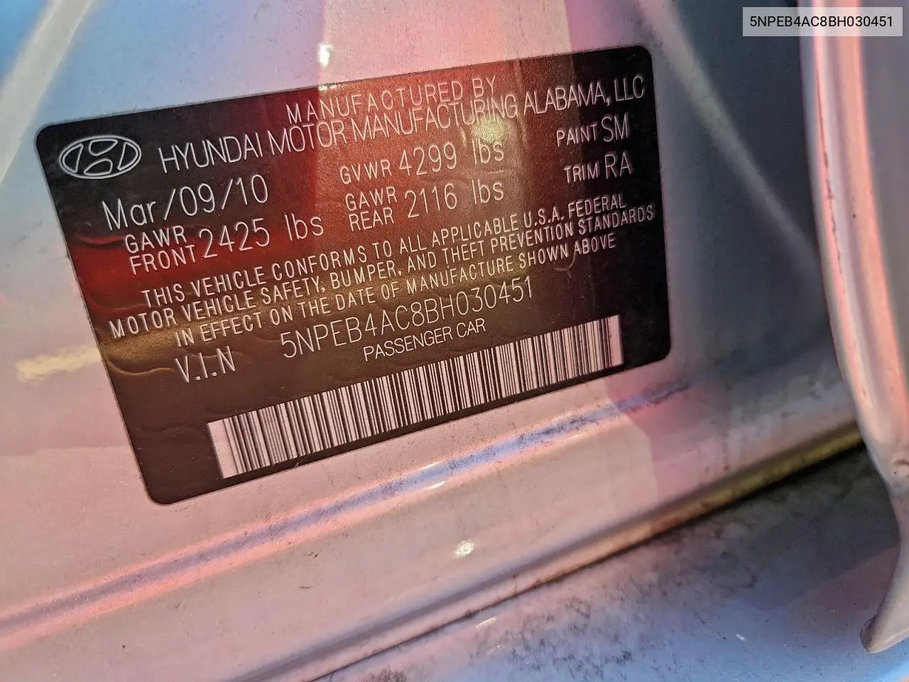 5NPEB4AC8BH030451 2011 Hyundai Sonata Gls