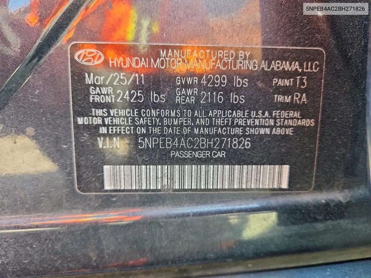5NPEB4AC2BH271826 2011 Hyundai Sonata Gls