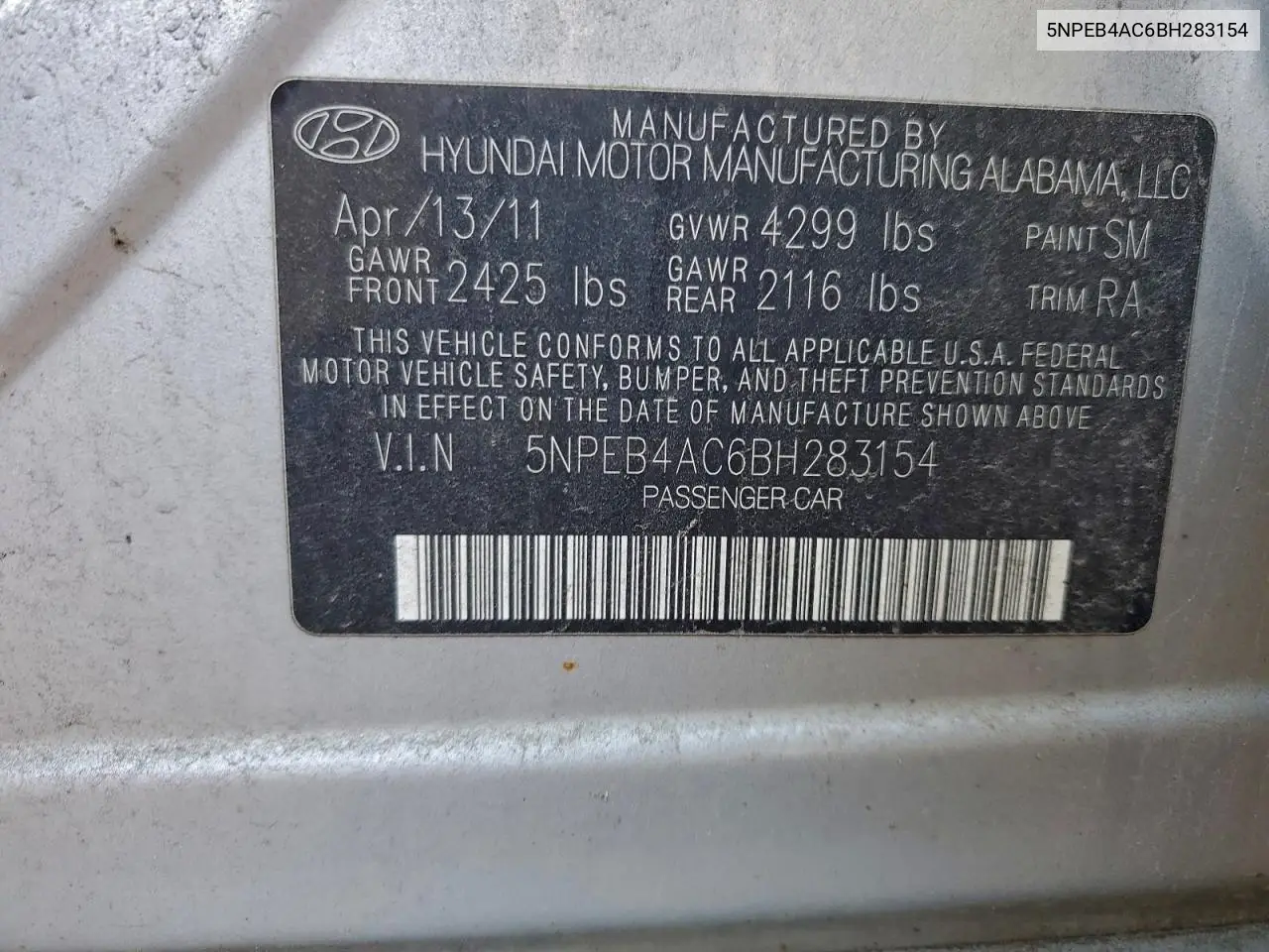 5NPEB4AC6BH283154 2011 Hyundai Sonata Gls