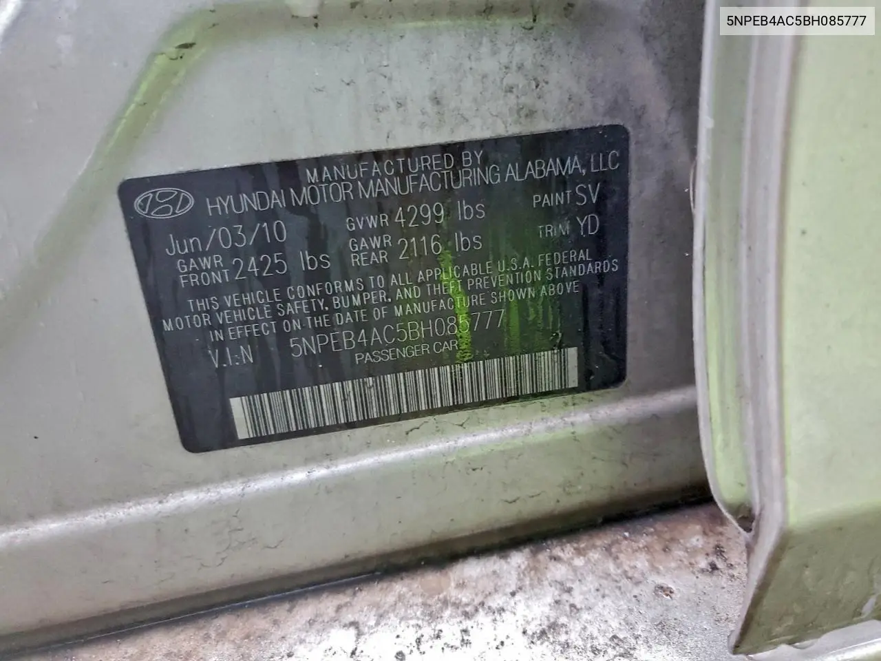 5NPEB4AC5BH085777 2011 Hyundai Sonata Gls