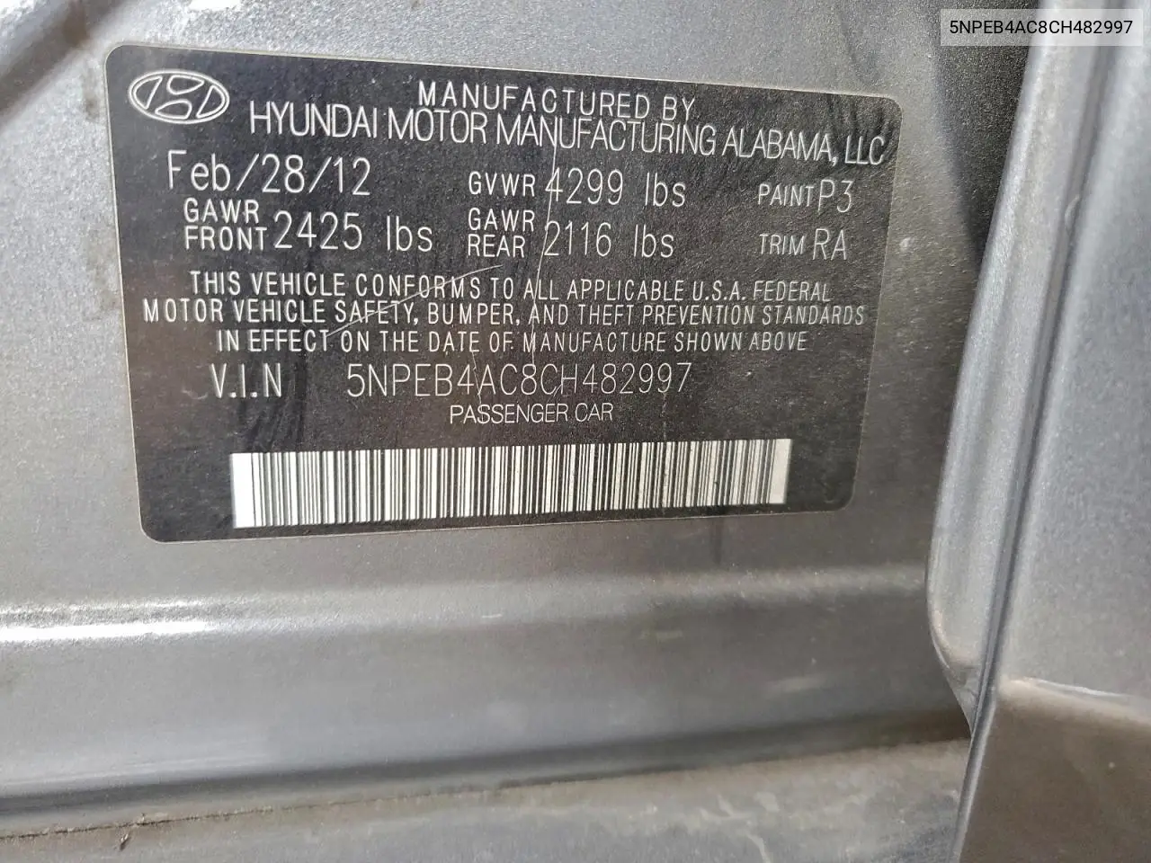 5NPEB4AC8CH482997 2012 Hyundai Sonata Gls