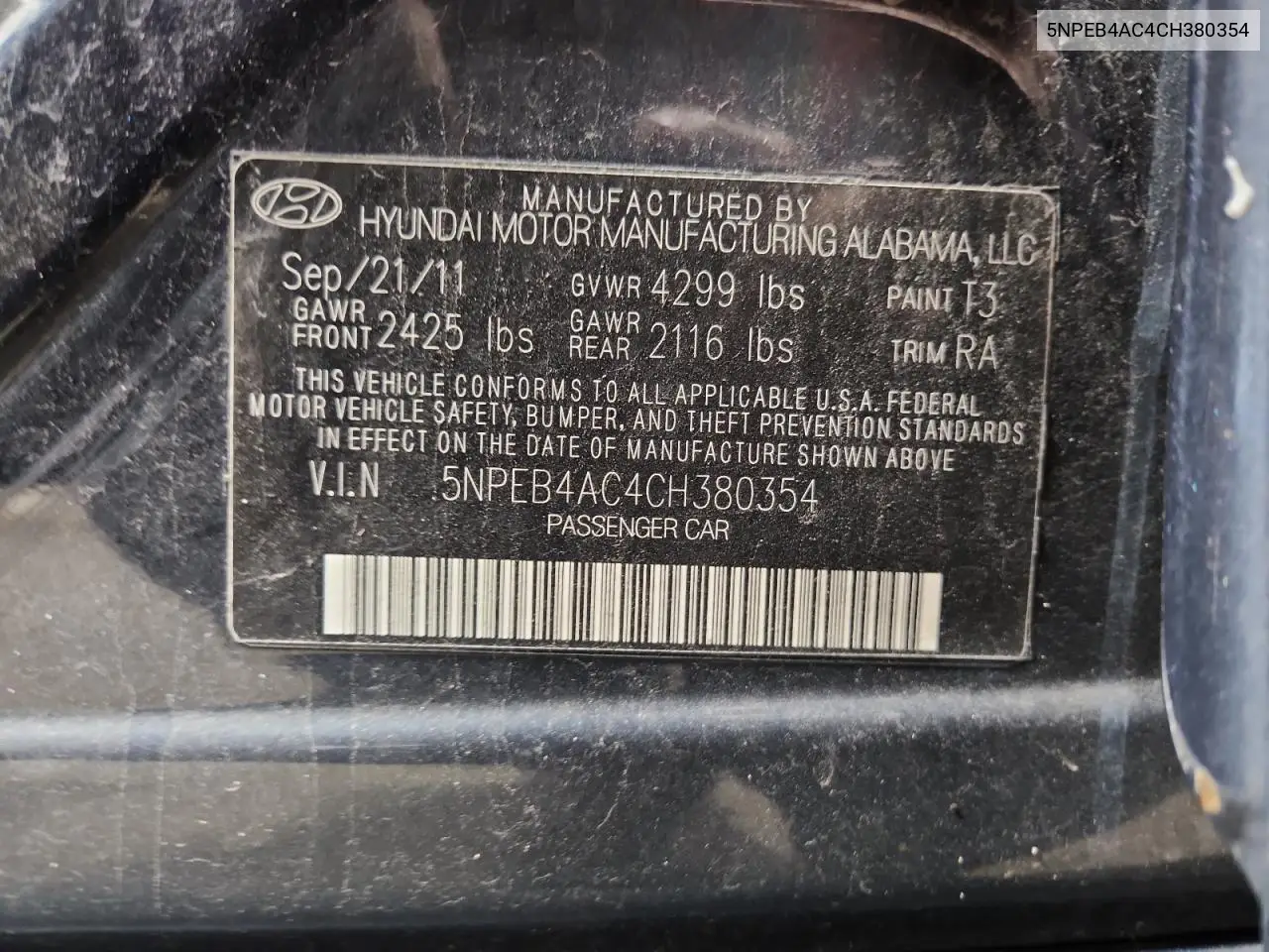 5NPEB4AC4CH380354 2012 Hyundai Sonata Gls