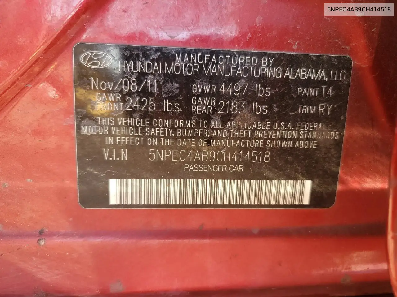 5NPEC4AB9CH414518 2012 Hyundai Sonata Se