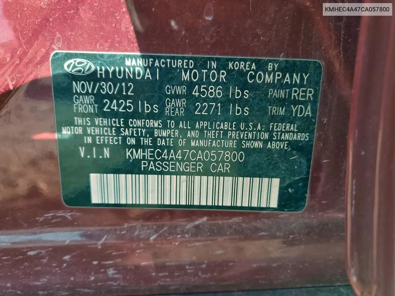 KMHEC4A47CA057800 2012 Hyundai Sonata Hybrid