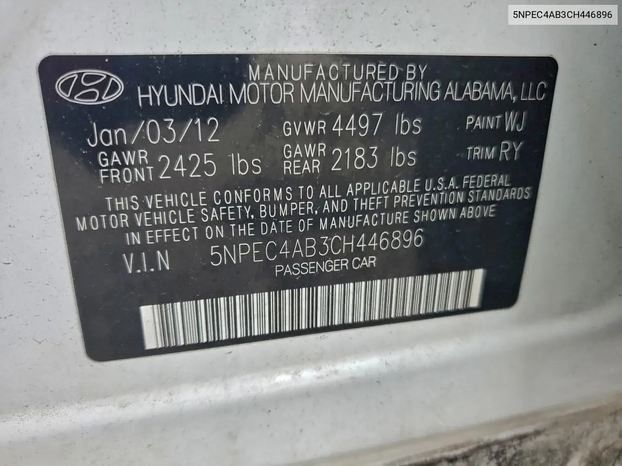 5NPEC4AB3CH446896 2012 Hyundai Sonata Se