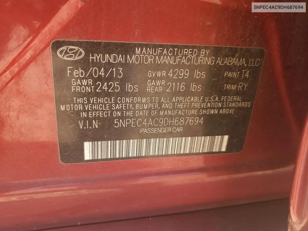 5NPEC4AC9DH687694 2013 Hyundai Sonata Se