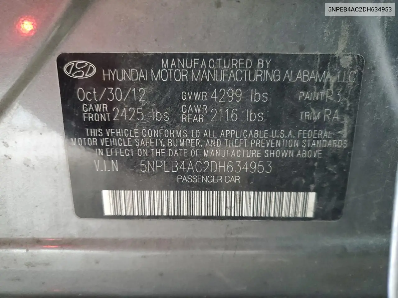5NPEB4AC2DH634953 2013 Hyundai Sonata Gls