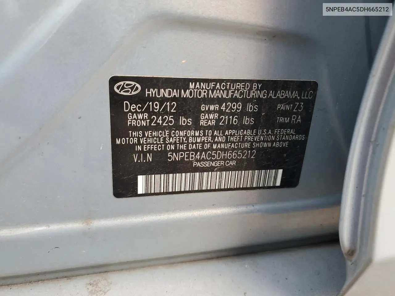 5NPEB4AC5DH665212 2013 Hyundai Sonata Gls
