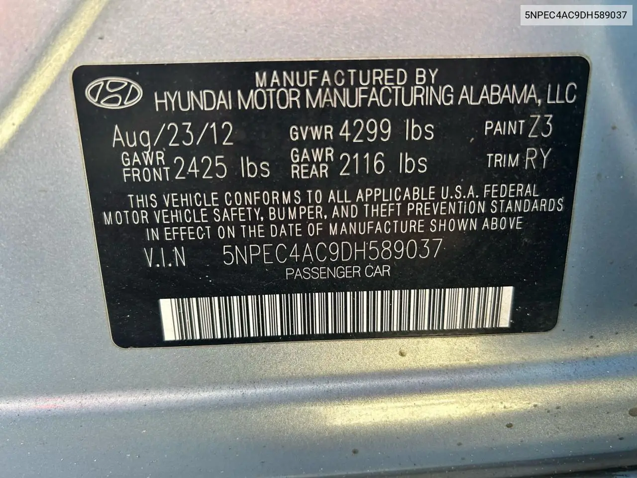 5NPEC4AC9DH589037 2013 Hyundai Sonata Se