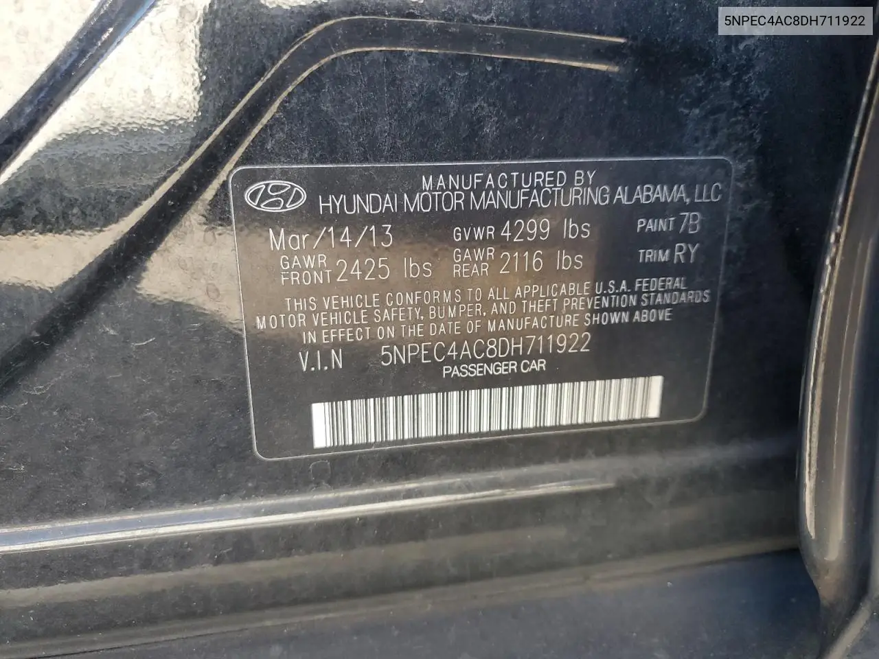 5NPEC4AC8DH711922 2013 Hyundai Sonata Se
