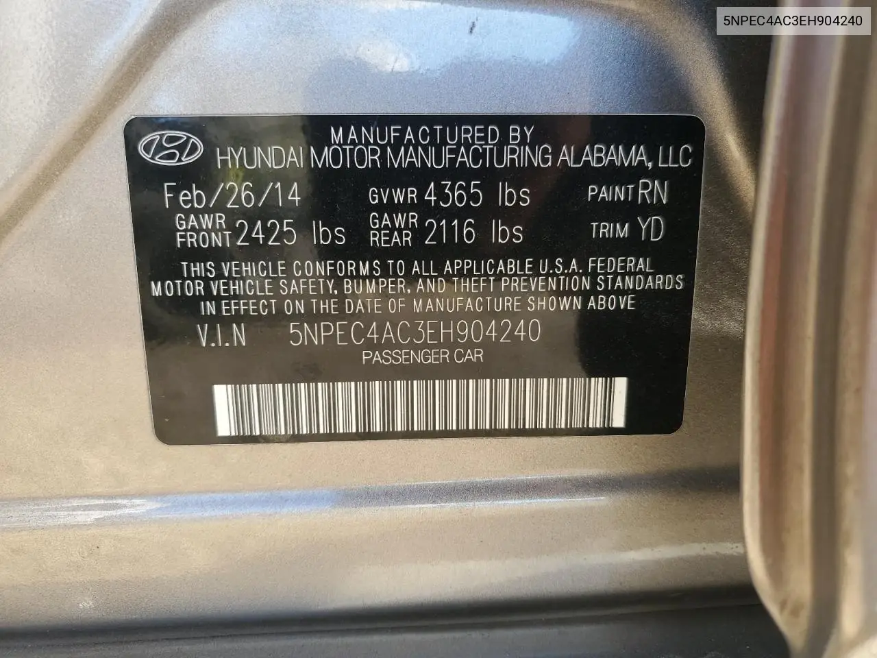 5NPEC4AC3EH904240 2014 Hyundai Sonata Se