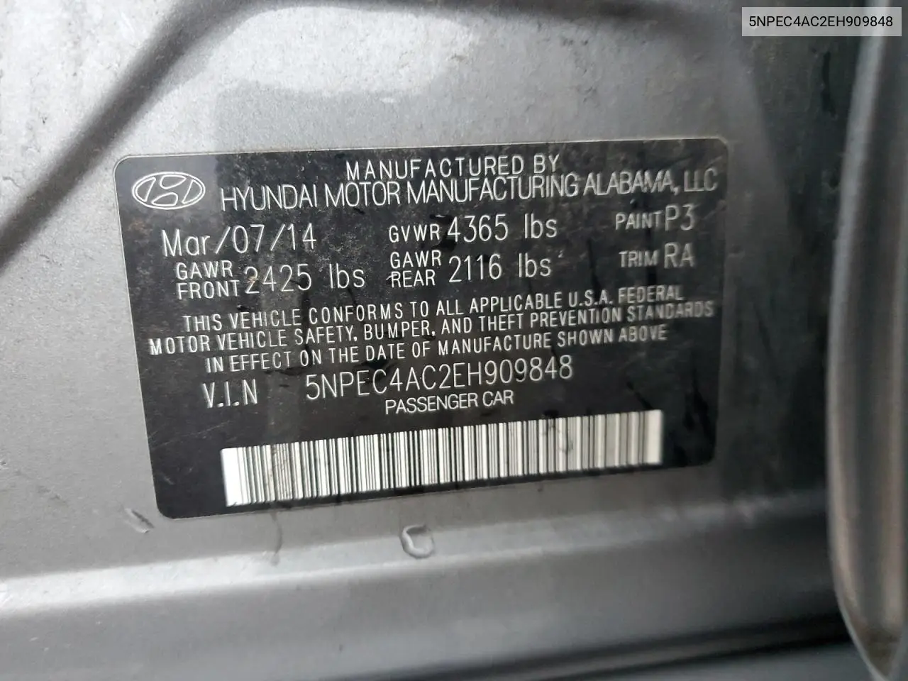 5NPEC4AC2EH909848 2014 Hyundai Sonata Se