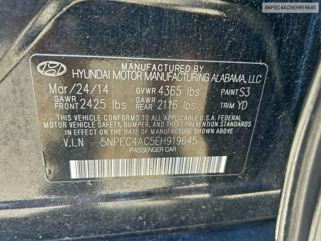 5NPEC4AC5EH919645 2014 Hyundai Sonata Se