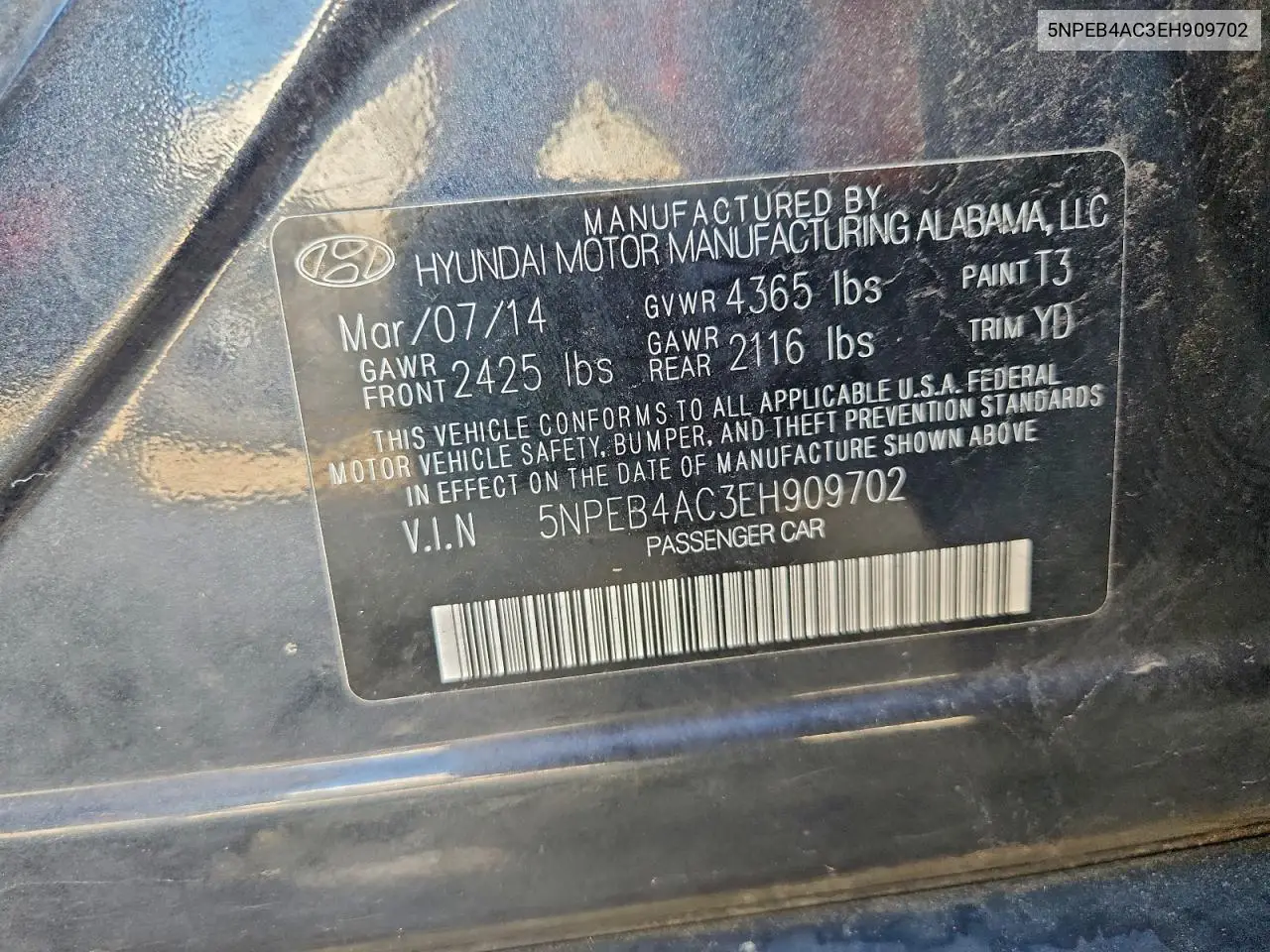 5NPEB4AC3EH909702 2014 Hyundai Sonata Gls