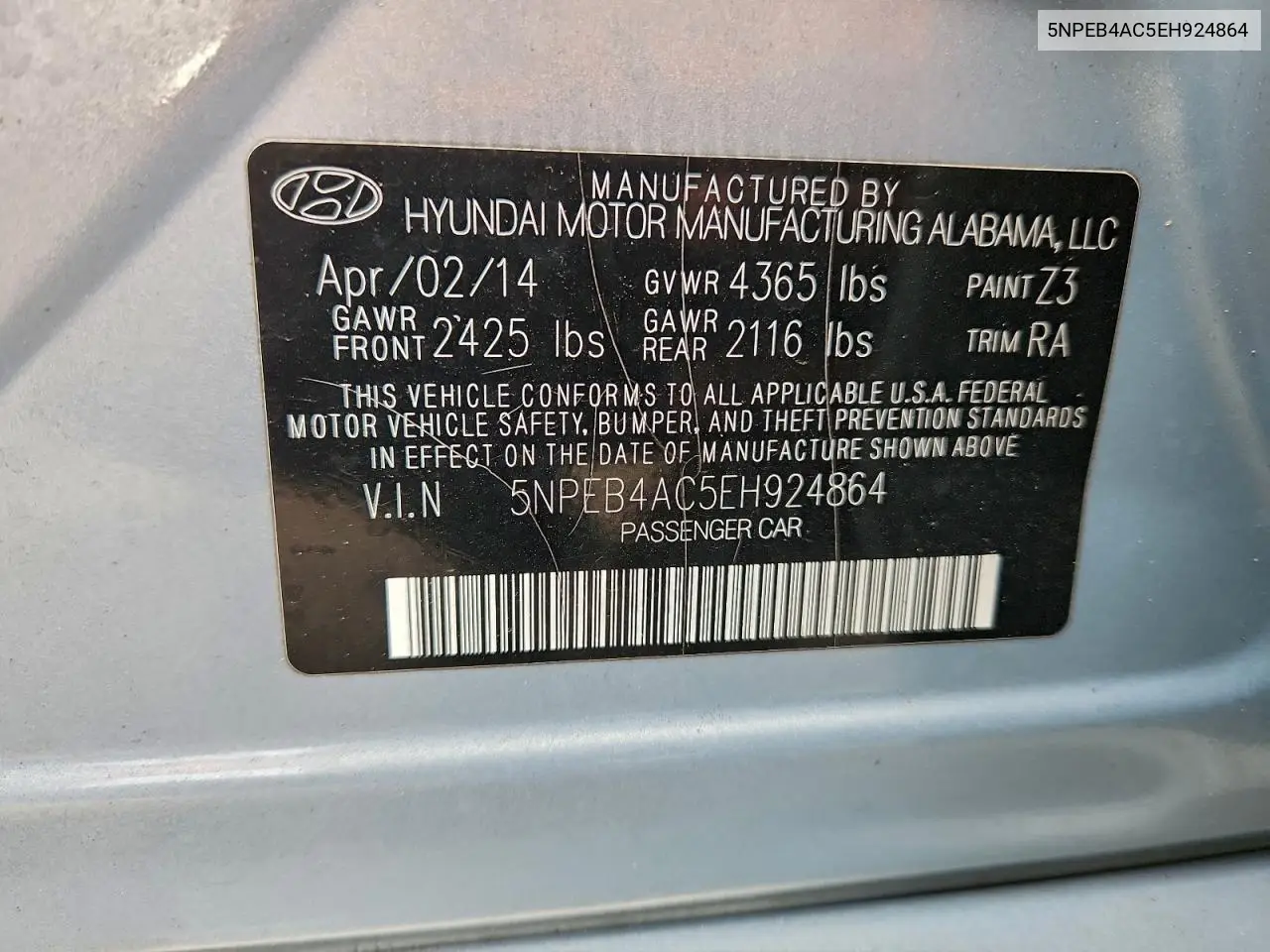 5NPEB4AC5EH924864 2014 Hyundai Sonata Gls