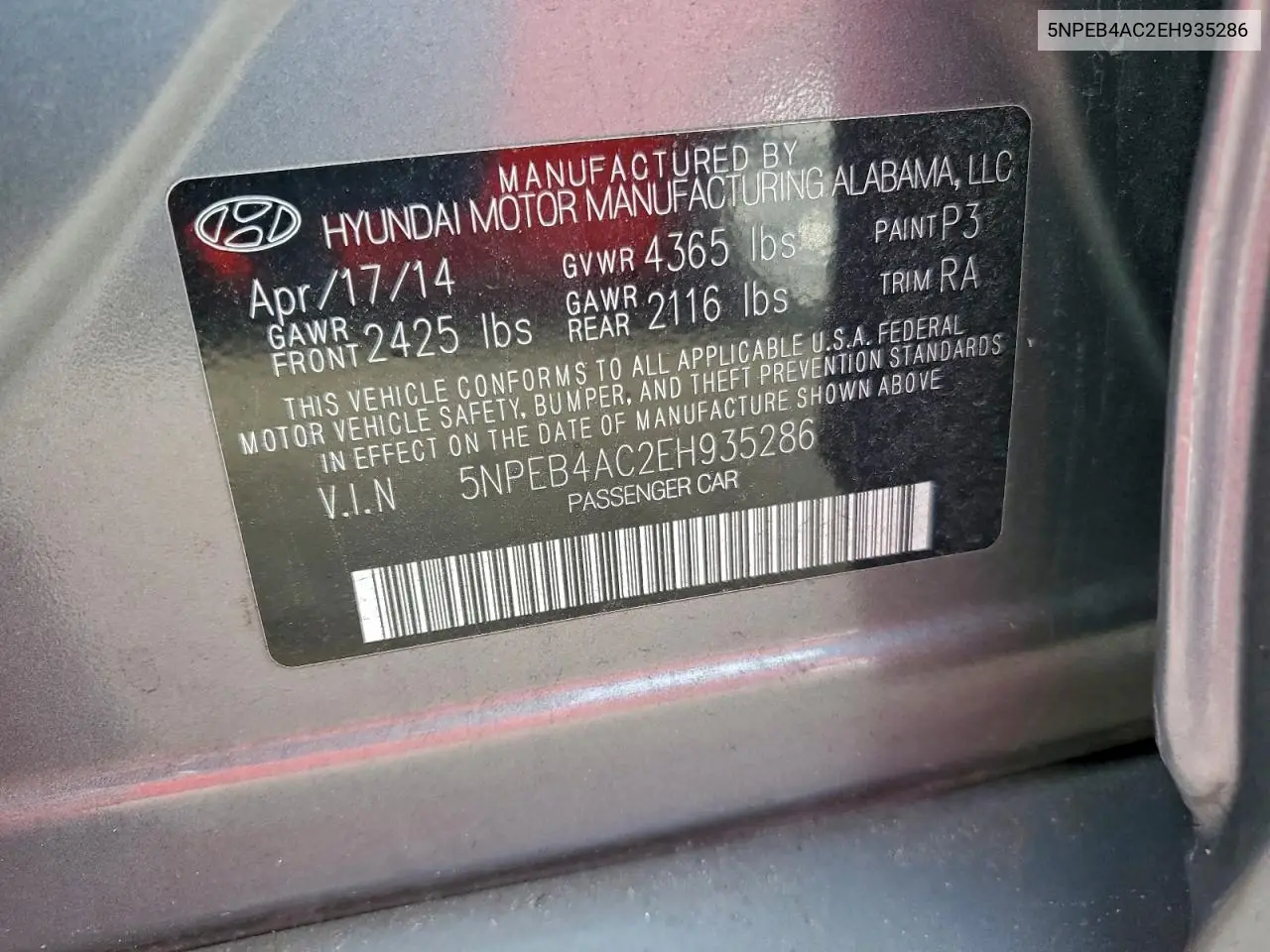 5NPEB4AC2EH935286 2014 Hyundai Sonata Gls