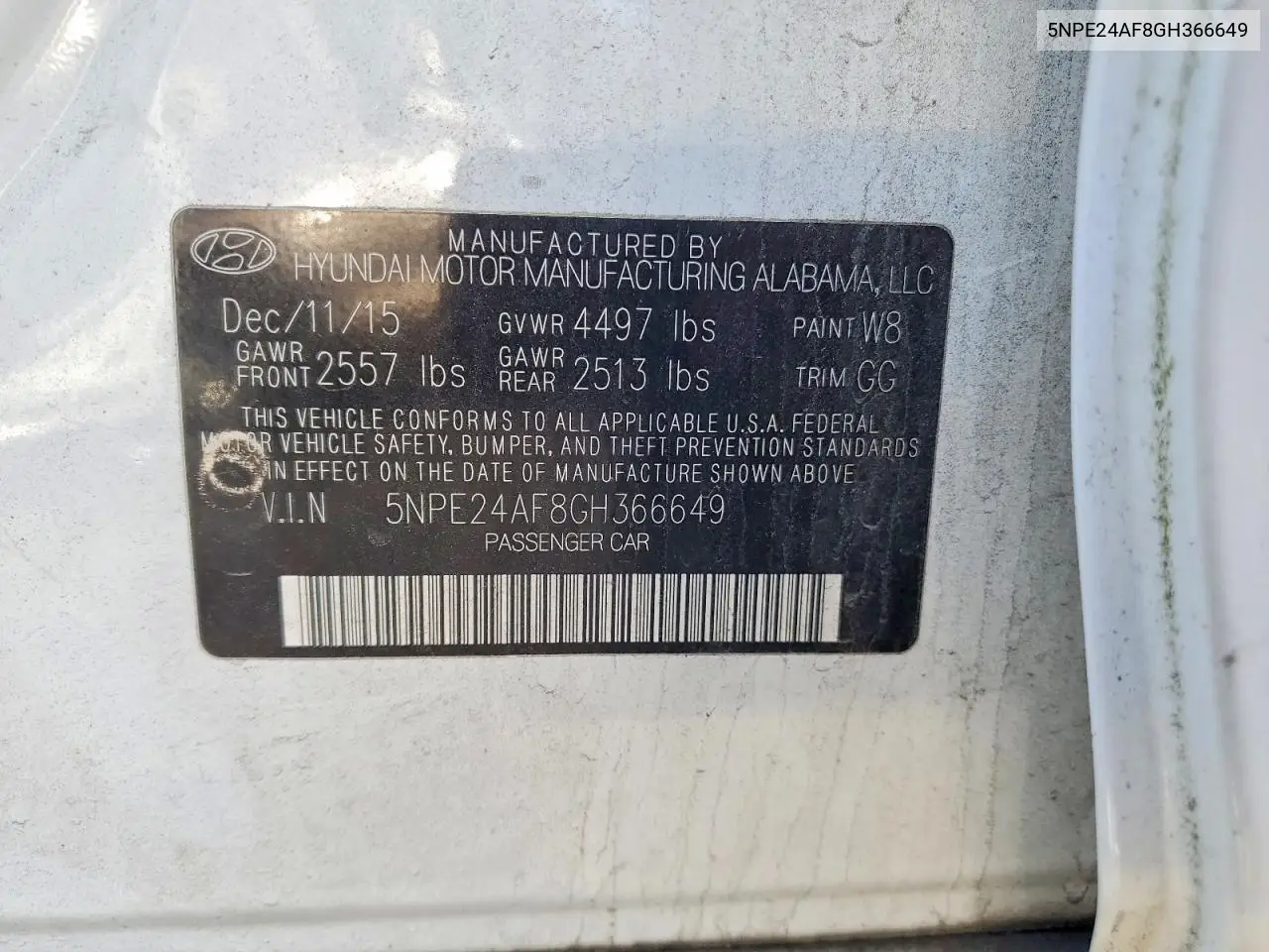 5NPE24AF8GH366649 2016 Hyundai Sonata Se