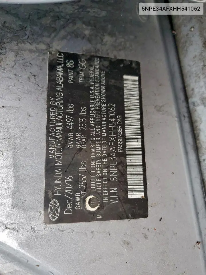 5NPE34AFXHH541062 2017 Hyundai Sonata Sport