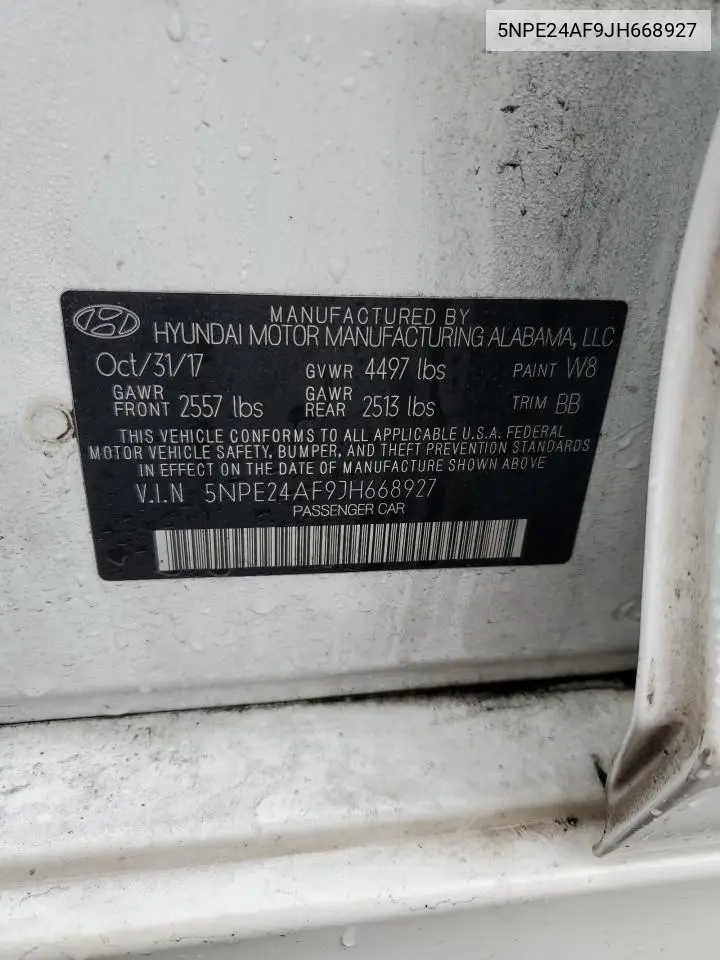 5NPE24AF9JH668927 2018 Hyundai Sonata Se