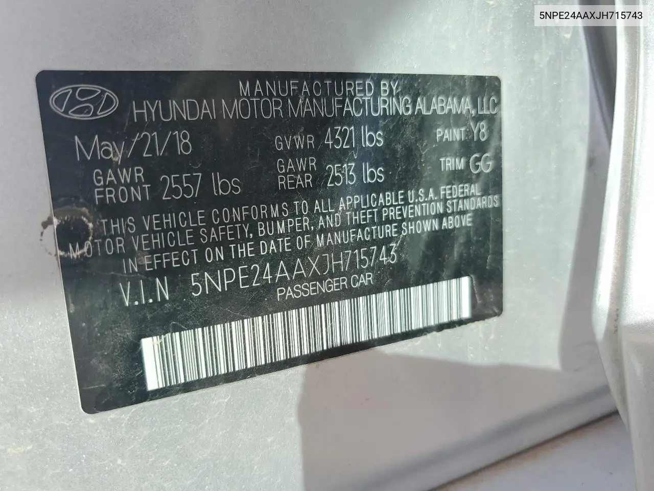 5NPE24AAXJH715743 2018 Hyundai Sonata Eco