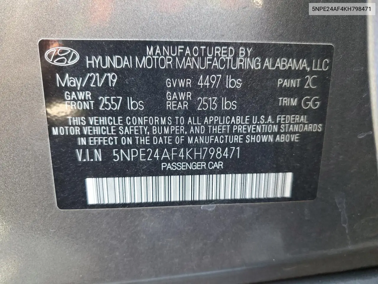 5NPE24AF4KH798471 2019 Hyundai Sonata Se