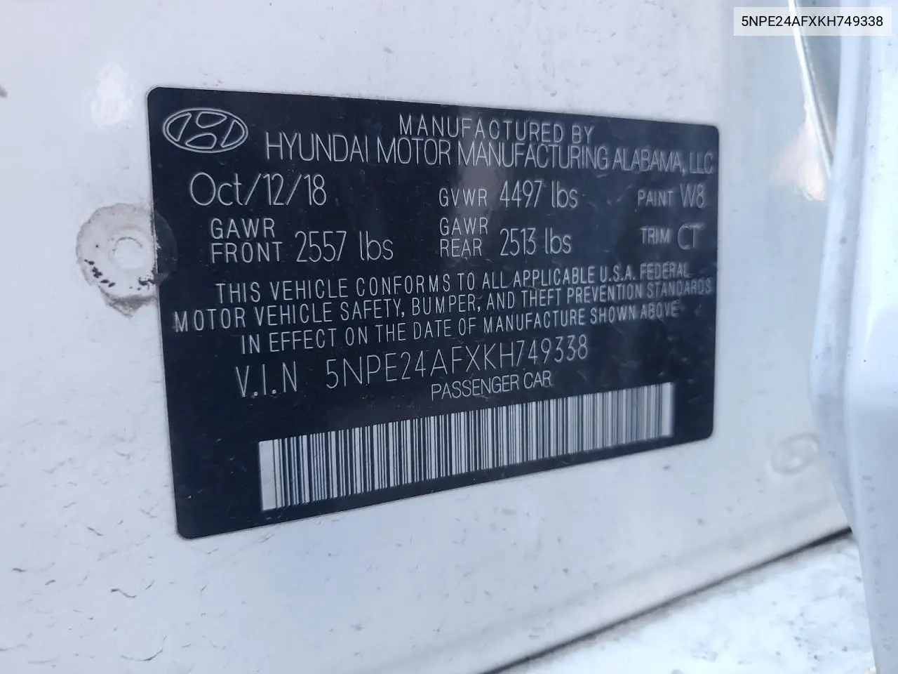 5NPE24AFXKH749338 2019 Hyundai Sonata Se