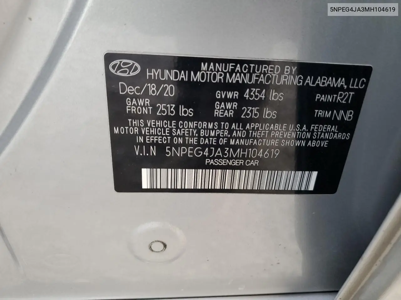 5NPEG4JA3MH104619 2021 Hyundai Sonata Se