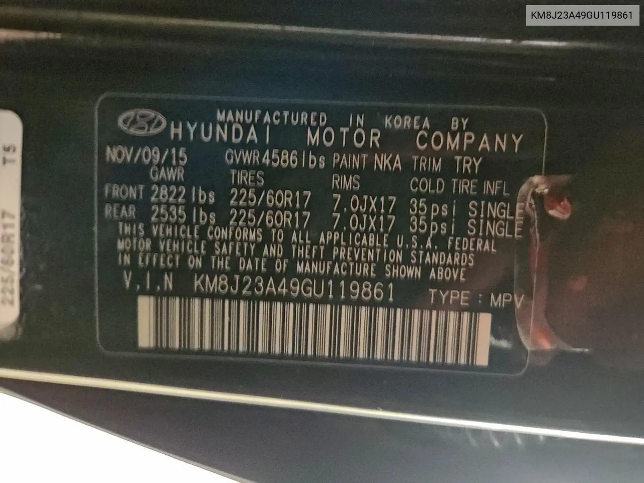 KM8J23A49GU119861 2016 Hyundai Tucson Se