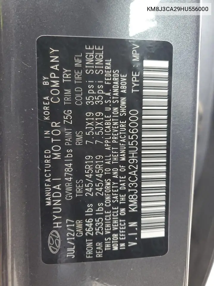 KM8J3CA29HU556000 2017 Hyundai Tucson Limited