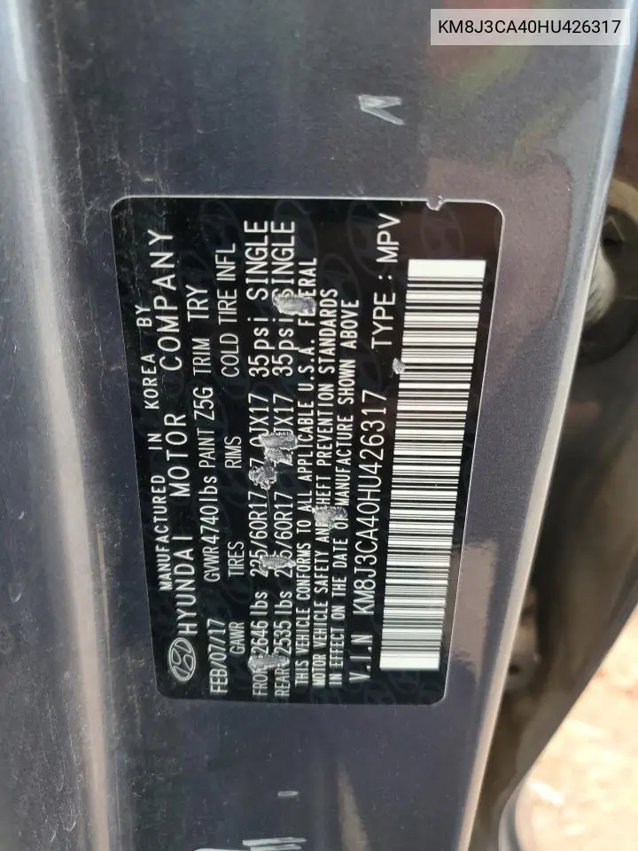 KM8J3CA40HU426317 2017 Hyundai Tucson Limited