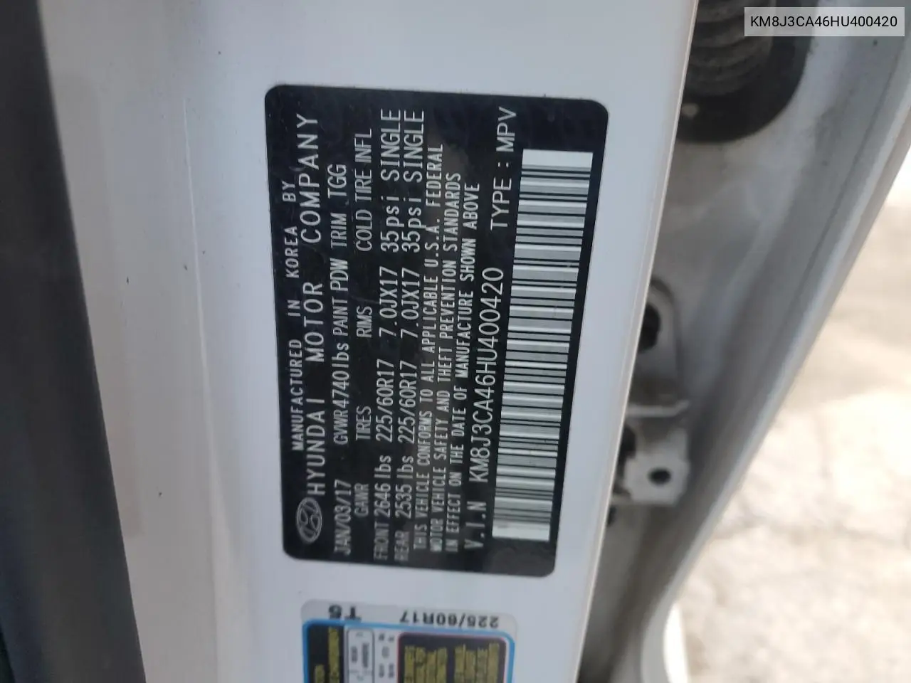 KM8J3CA46HU400420 2017 Hyundai Tucson Limited