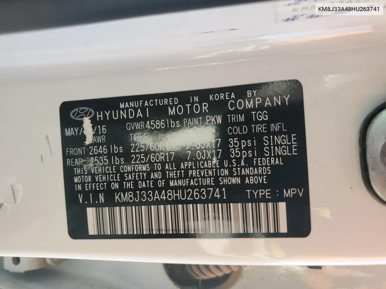 KM8J33A48HU263741 2017 Hyundai Tucson Limited
