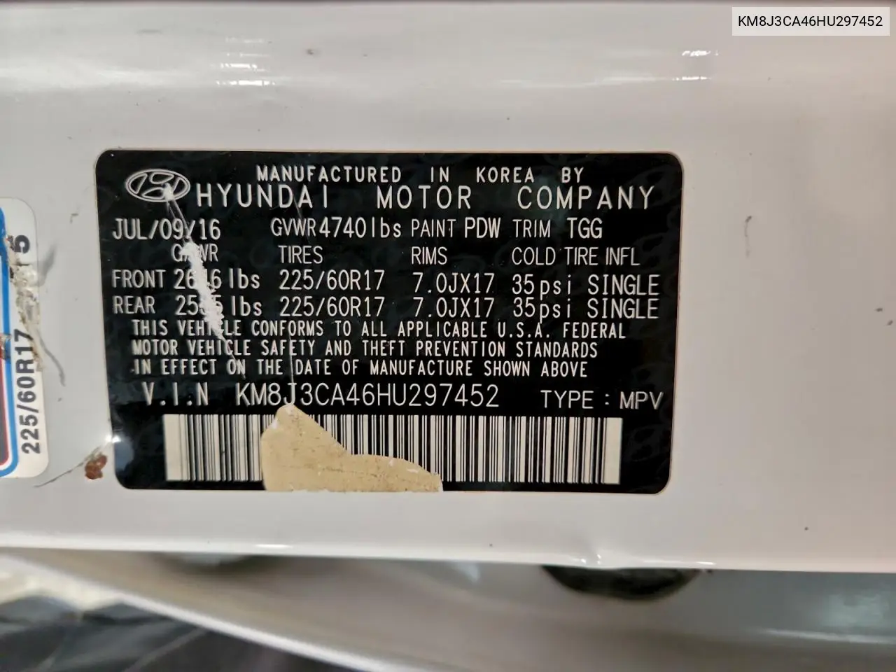 KM8J3CA46HU297452 2017 Hyundai Tucson Limited