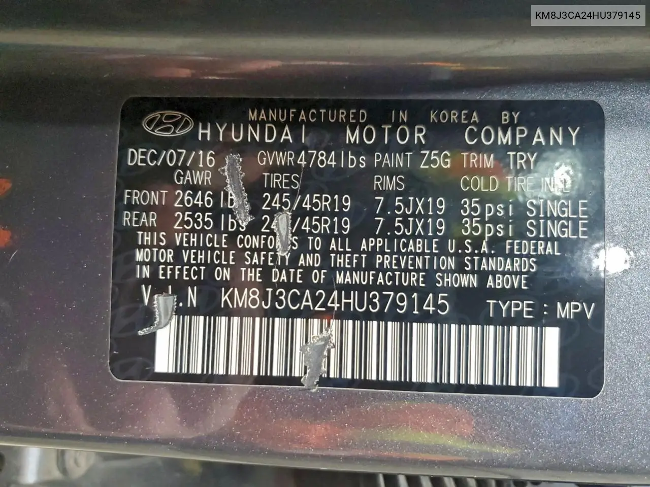 KM8J3CA24HU379145 2017 Hyundai Tucson Limited