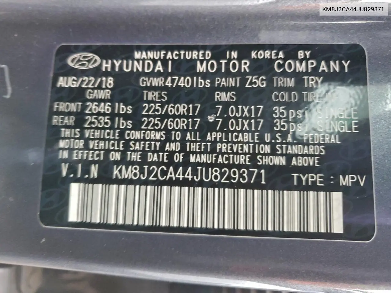 KM8J2CA44JU829371 2018 Hyundai Tucson Se