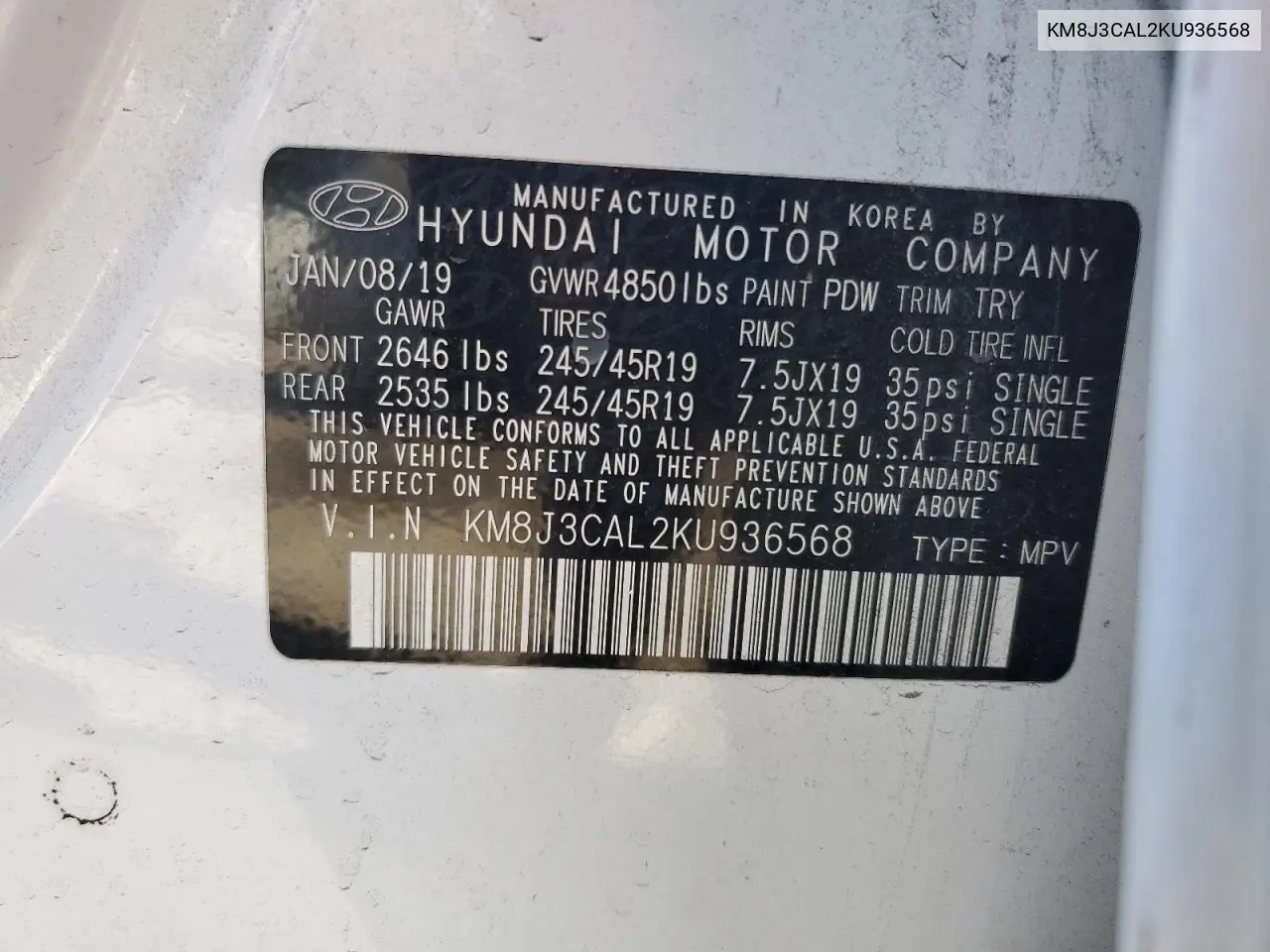 KM8J3CAL2KU936568 2019 Hyundai Tucson Limited