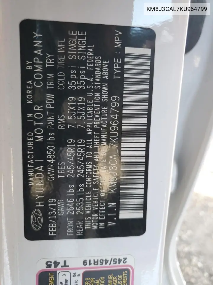 KM8J3CAL7KU964799 2019 Hyundai Tucson Limited