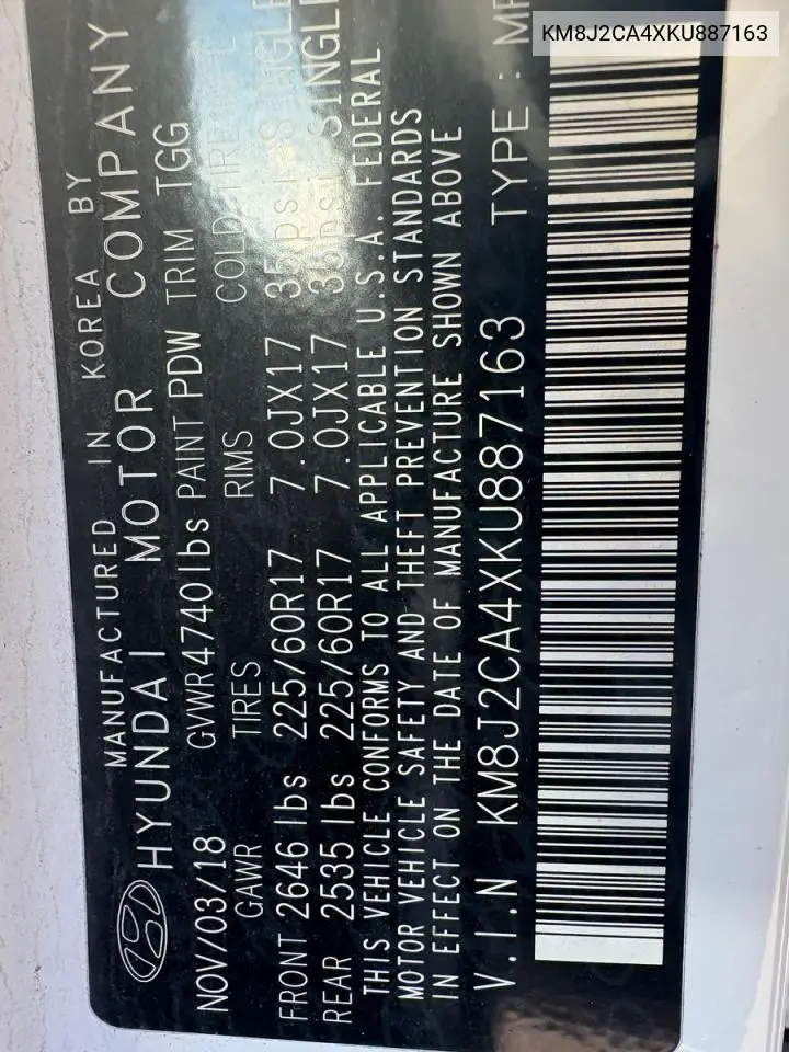 KM8J2CA4XKU887163 2019 Hyundai Tucson Se