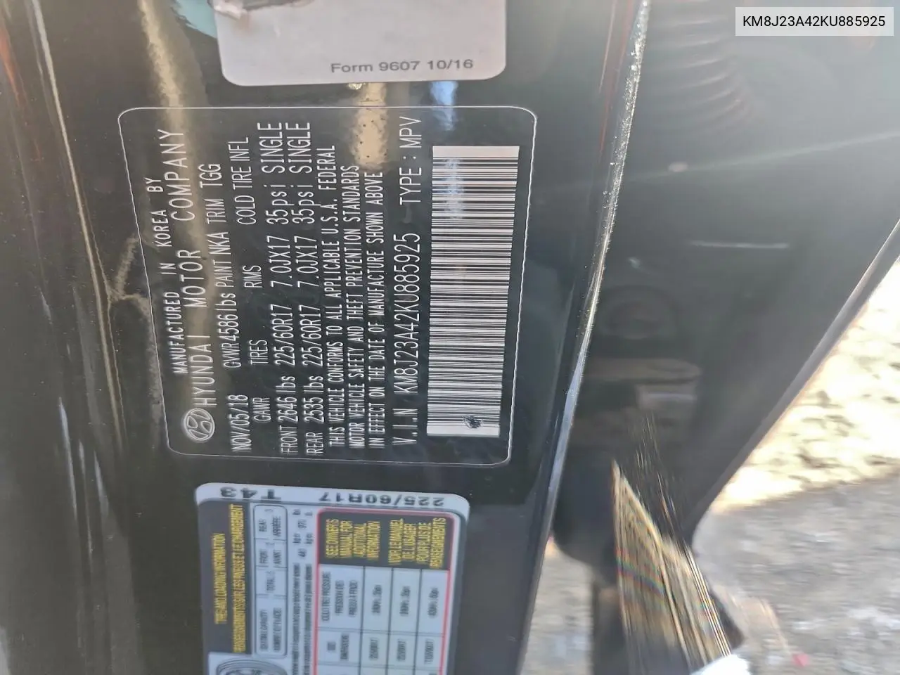 KM8J23A42KU885925 2019 Hyundai Tucson Se