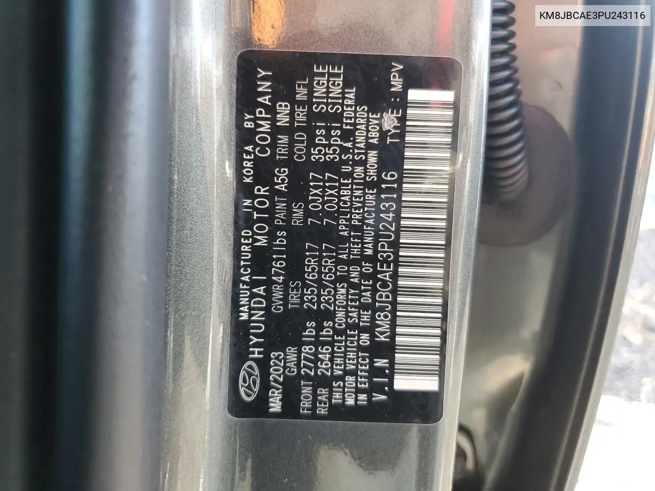 KM8JBCAE3PU243116 2023 Hyundai Tucson Sel