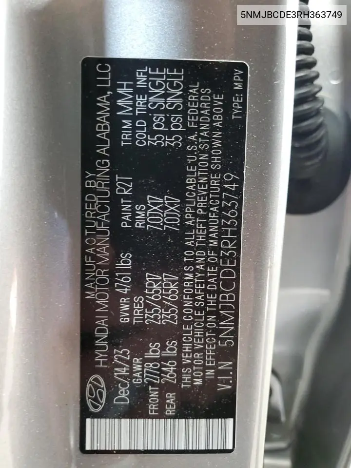 5NMJBCDE3RH363749 2024 Hyundai Tucson Sel