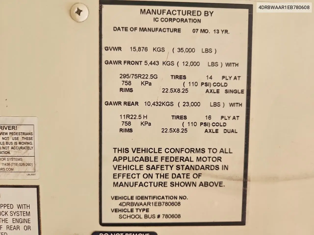 2014 Ic Corporation Re Series School - School Bus VIN: 4DRBWAAR1EB780608 Lot: 48601076