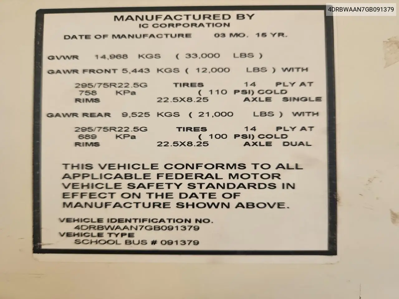 2016 Ic Corporation Re Series School - School Bus VIN: 4DRBWAAN7GB091379 Lot: 52403176