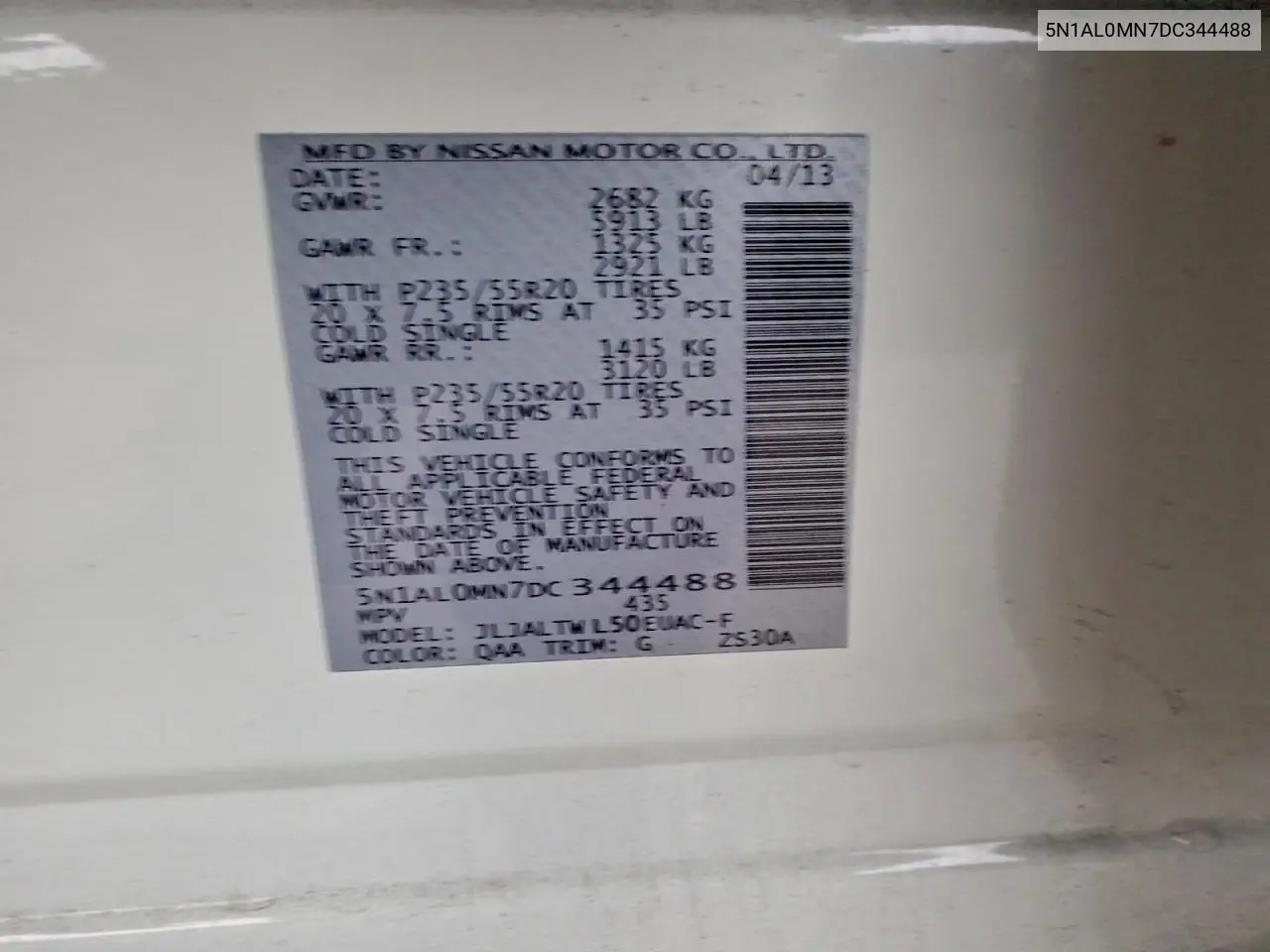 5N1AL0MN7DC344488 2013 Infiniti Jx35