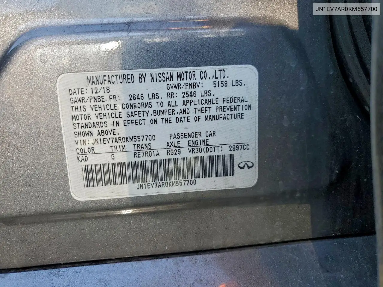 JN1EV7AR0KM557700 2019 Infiniti Q50 Luxe