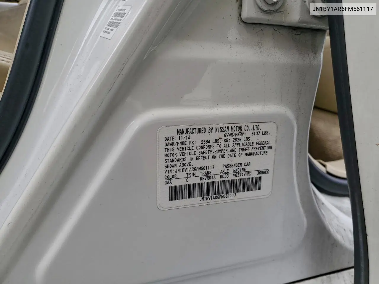 JN1BY1AR6FM561117 2015 Infiniti Q70 3.7