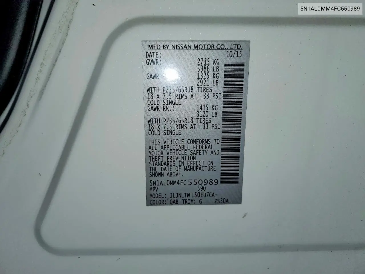 5N1AL0MM4FC550989 2015 Infiniti Qx60 Base
