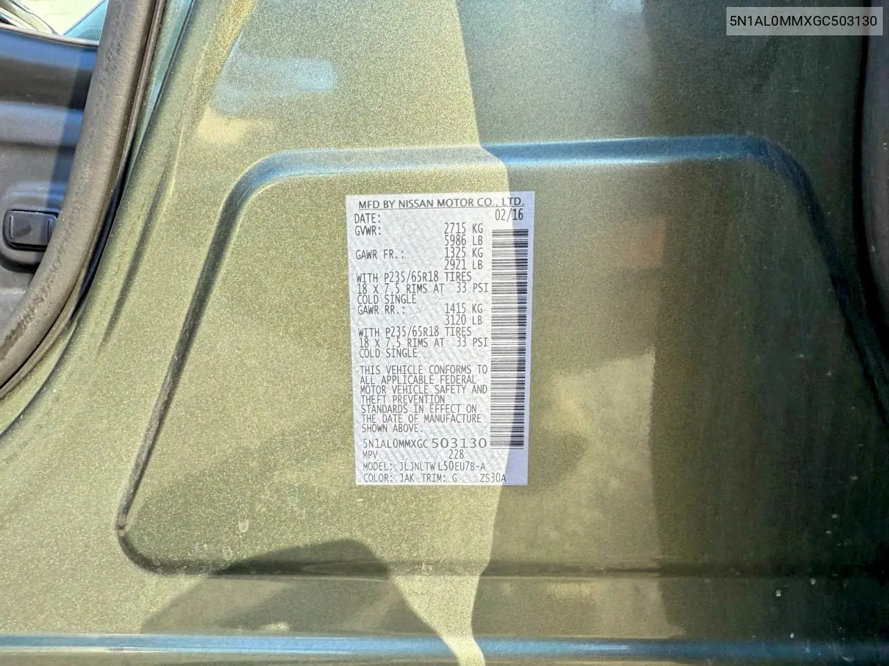 5N1AL0MMXGC503130 2016 Infi Qx60 Green