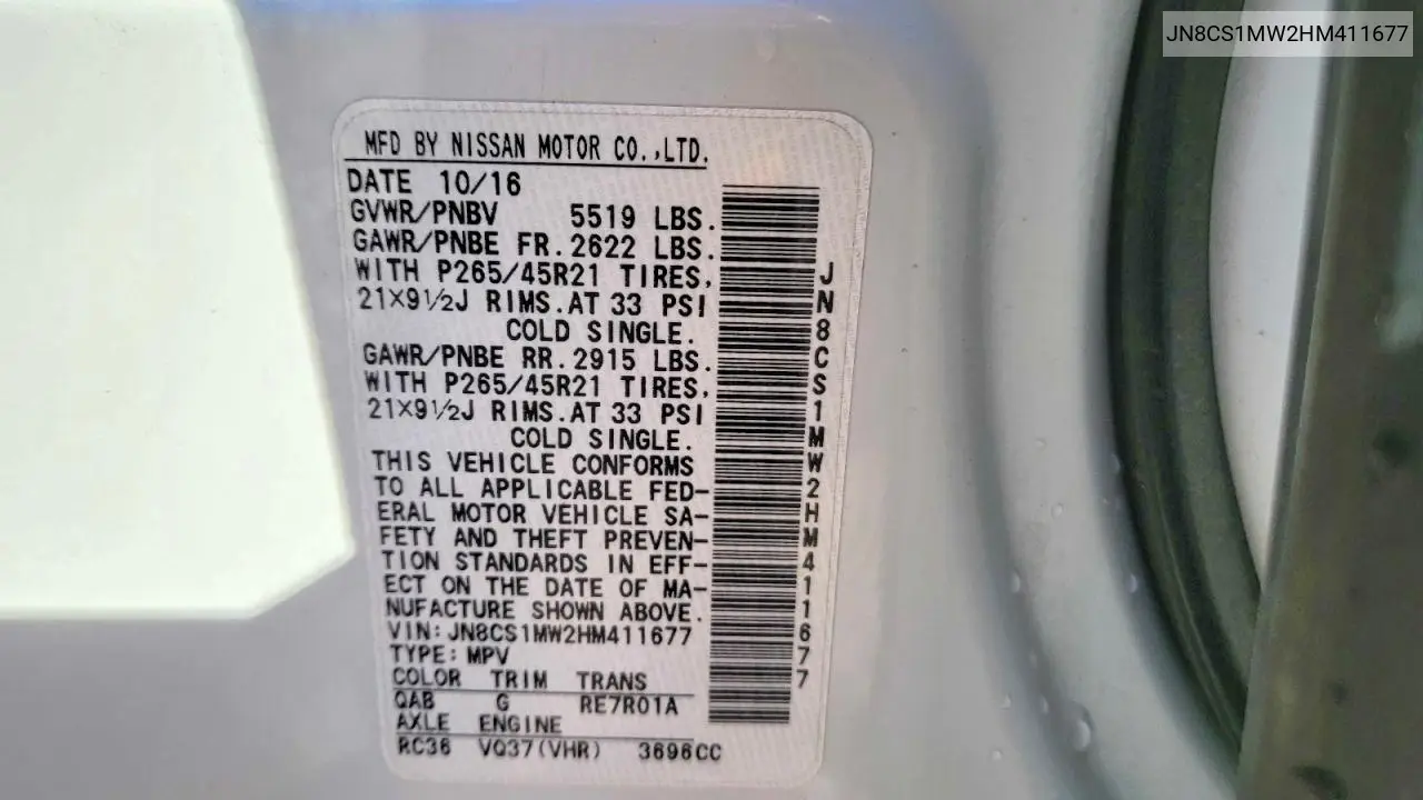 JN8CS1MW2HM411677 2017 Infiniti Qx70