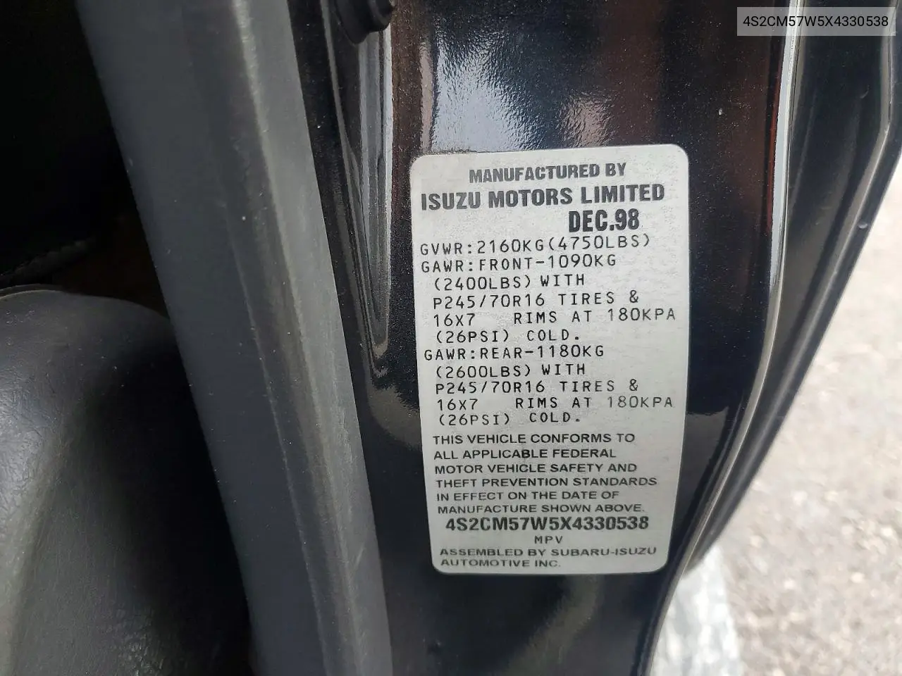 1999 Isuzu Amigo VIN: 4S2CM57W5X4330538 Lot: 75029165